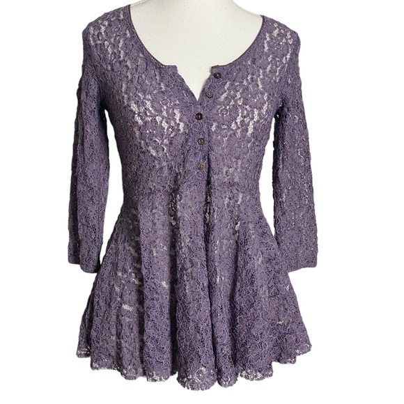 Free People Tops - Free People Purple Lace Baby Doll Top, Size XS